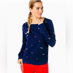 Lilly Pulitzer Rami Long Sleeve Low Tide Navy Good‎ Vibes Embroider Sweatshirt M